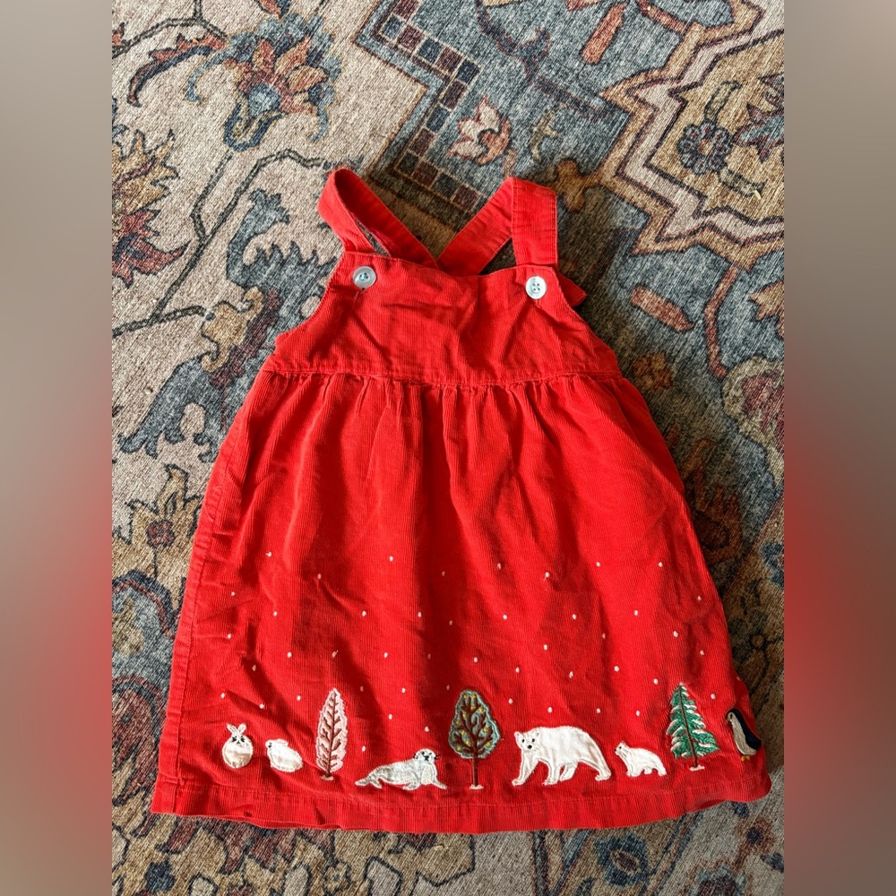 Baby Boden Red Corduroy Pinafore with Winter Animal Embroidery